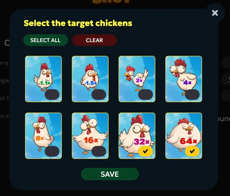 Chicken Shot advanced autoplay settings with selectable target chicken multipliers