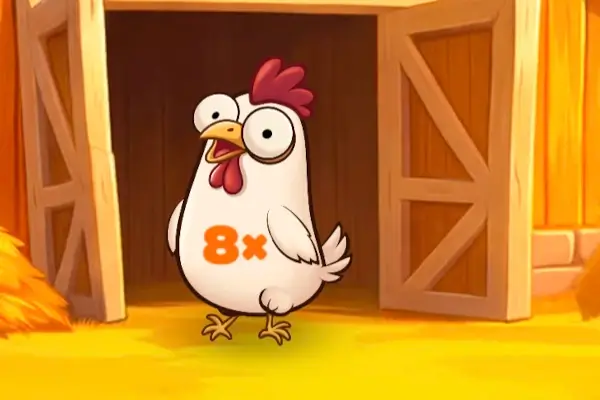 Chicken Shot 8x multiplier chicken standing in front of the barn