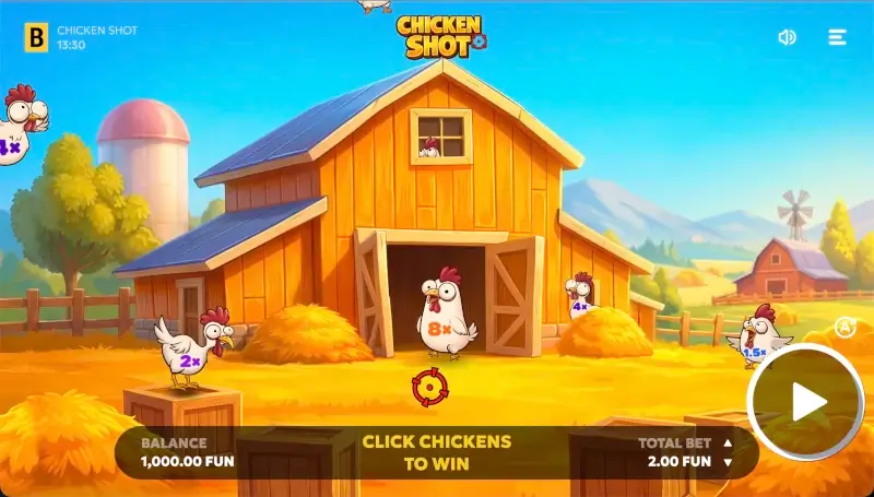 Chicken Shot main game interface with farm scene, chickens, balance, total bet, and play button