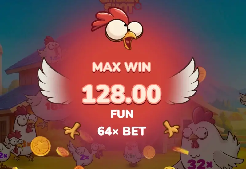 Chicken Shot max win screen showing 128.00 FUN and 64x bet result