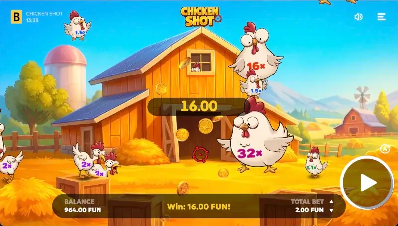 Chicken Shot win screen with 16.00 FUN payout and coins on the farm background