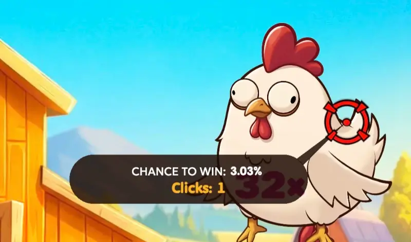 Chicken Shot tooltip showing 3.03 percent chance to win and one click on a 32x chicken